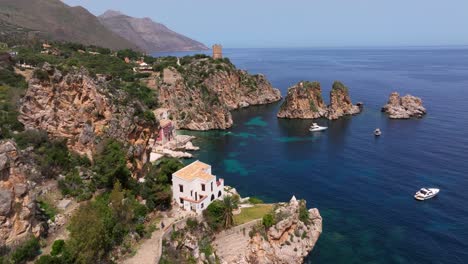 Forward-Drone-Shot-Reveals-Tonnara-di-Scopello---Famous-Tuna-Fishery-in-Sicily,-Italy