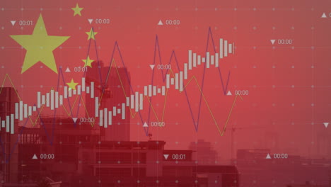 animation of flag of china and data processing over cityscape