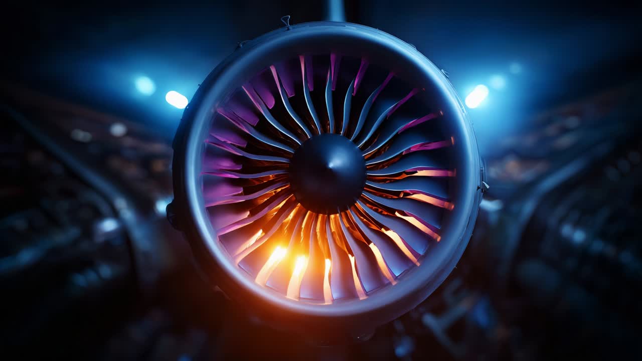 An intricate view of a jet engine turbine showcasing the vibrant colors and dynamic movements within the engine's core, brilliantly illuminated in a futuristic setting, highlighting its power and engineering marvel