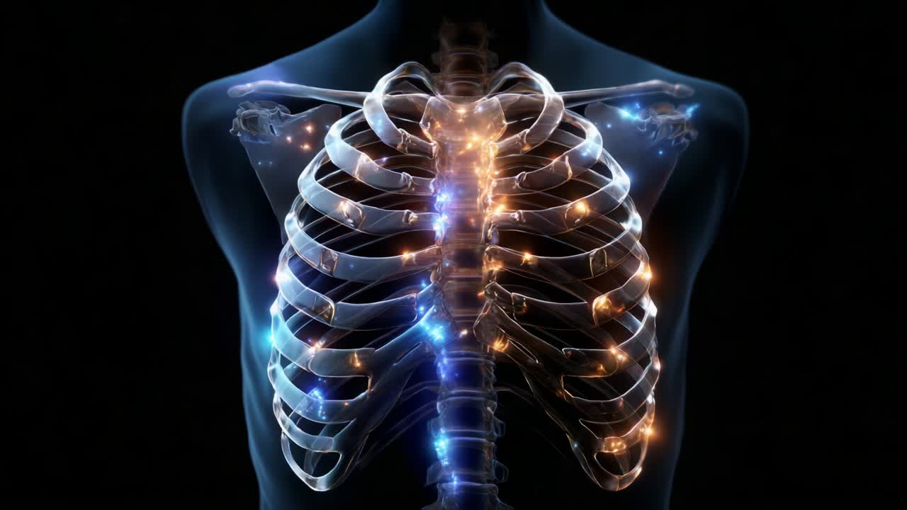 An Insightful Visualization of the Human Ribcage Illuminated by Ethereal Light, Depicting the Intricate Structure of the Rib Bones Along with the Delicate Connection to the Thoracic Skeleton