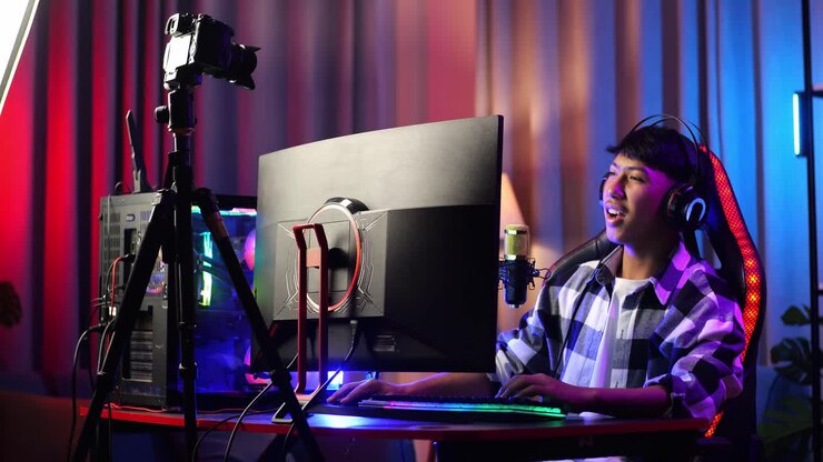 Asian Boy Streamer Playing Game Over Network On Personal Computer. Challenge And Bully Threat Killing Competitor, Live Stream Video Game, Desk Illuminated By Rgb Led Strip Light