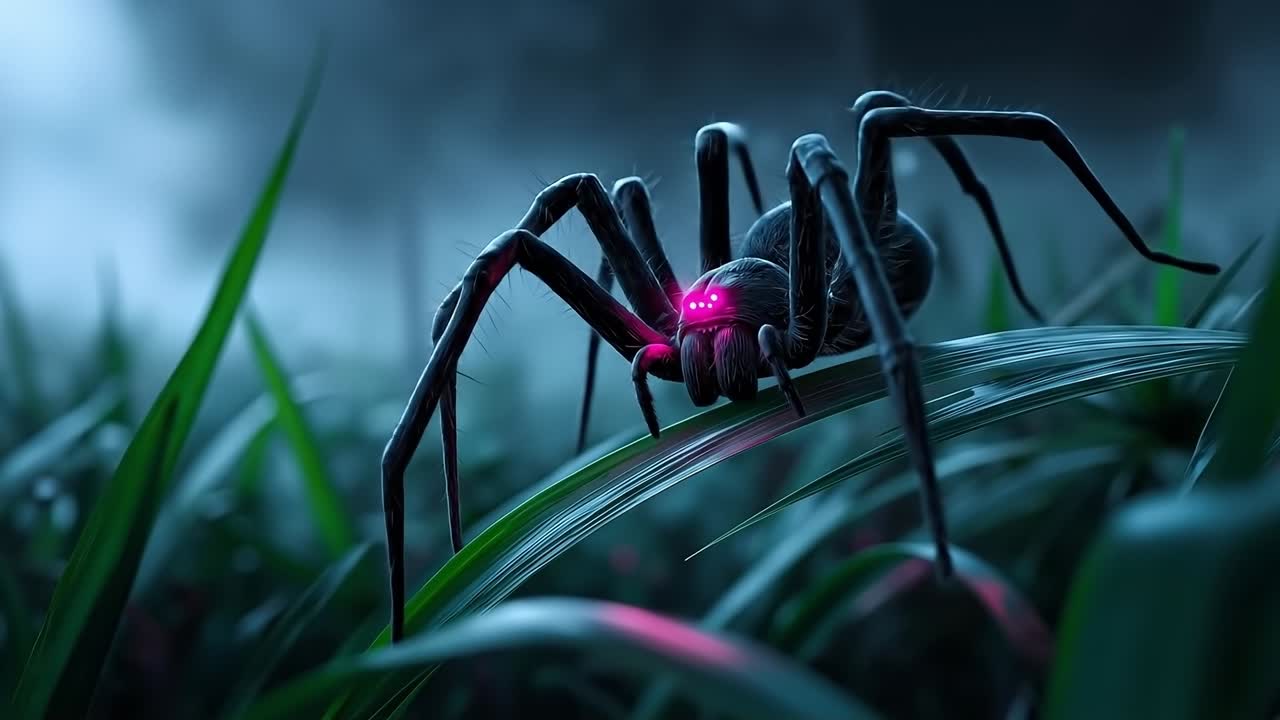 A black spider sitting on top of a green leaf