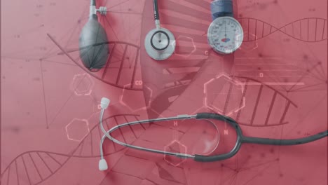 animation of chemical structures and dna strands over stethoscope and pressure meter