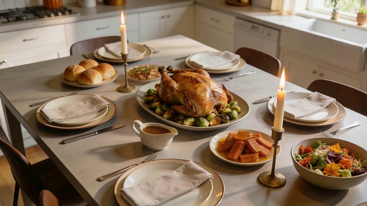 Showing dining table in kitchen bearing roasted turkey for diners gravy and candles