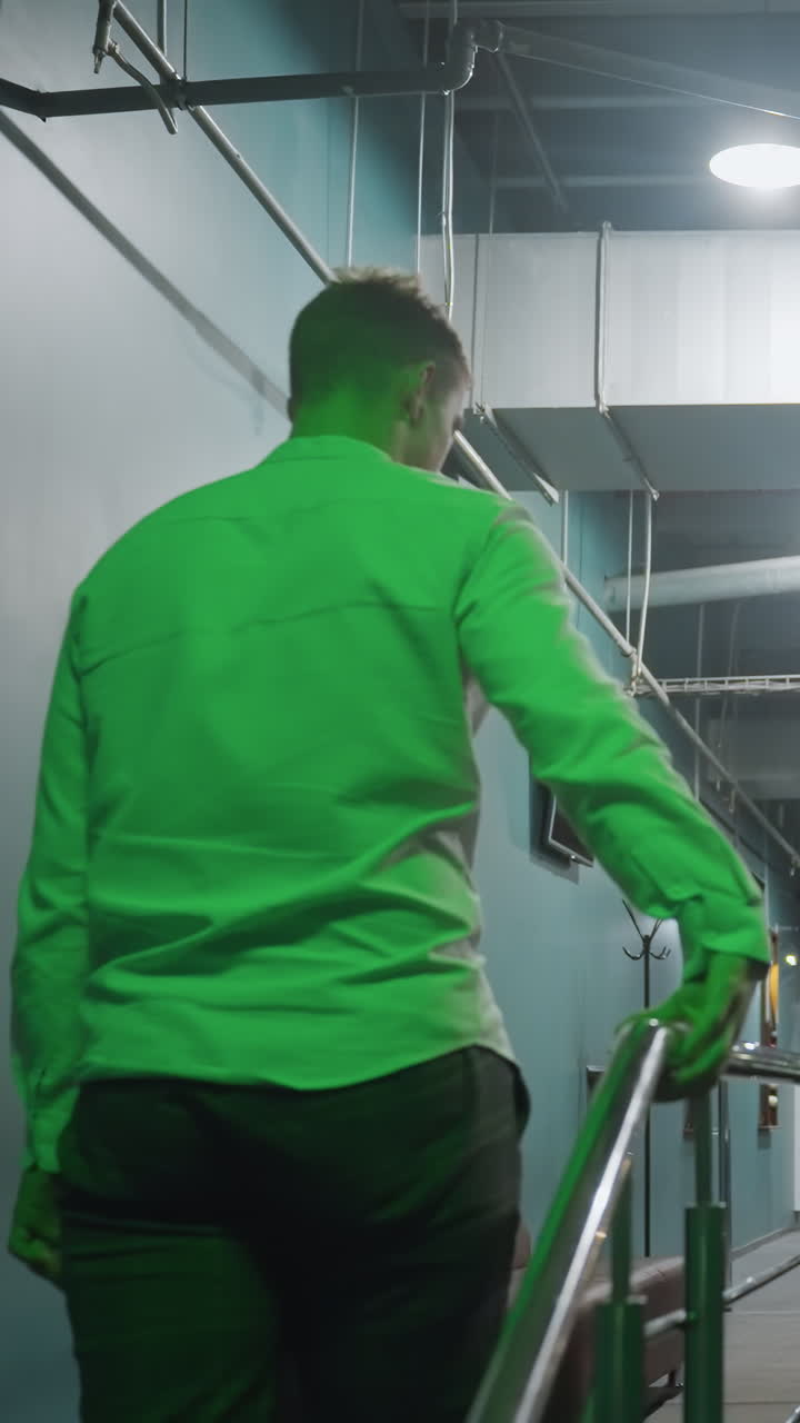 셔츠와 바지를 입은 남자가 계단을 고, 빌리어드 방으로 향하는 동안 레일을 들고 있는 뒷면. 녹색 조명은 현대적인 분위기를 조성합니다.