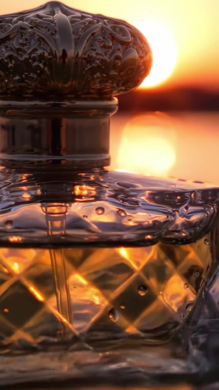 Un'elegante boccetta di profumo che riflette le sfumature dorate di un tramonto sull'acqua, catturando l'essenza della bellezza e del glamour in un'illuminazione calda ed eterea