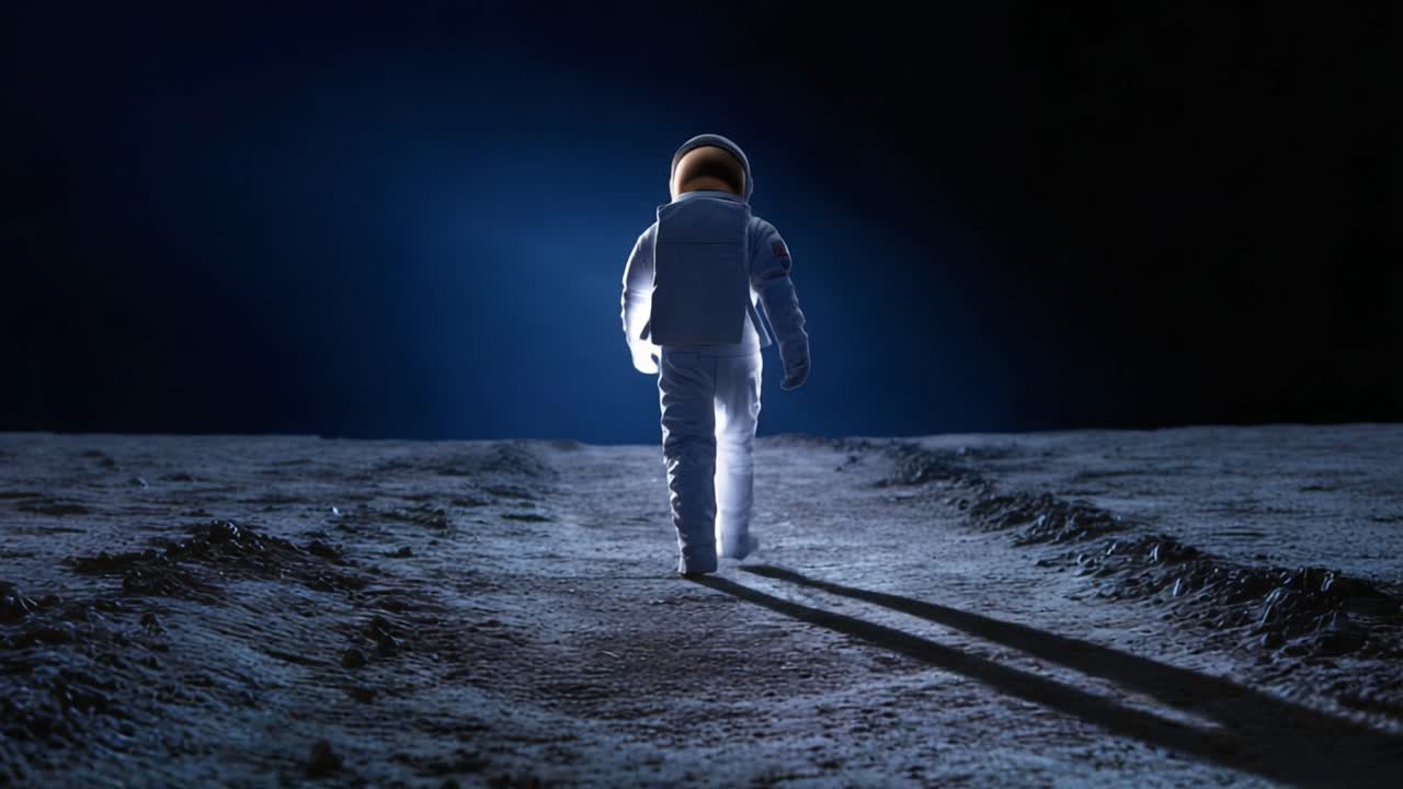 Ein einsamer Astronaut wagt sich über die Mondoberfläche, beleuchtet von ätherischem Licht, während er tiefer in die unbekannte Weite des Weltraums vordringt.
