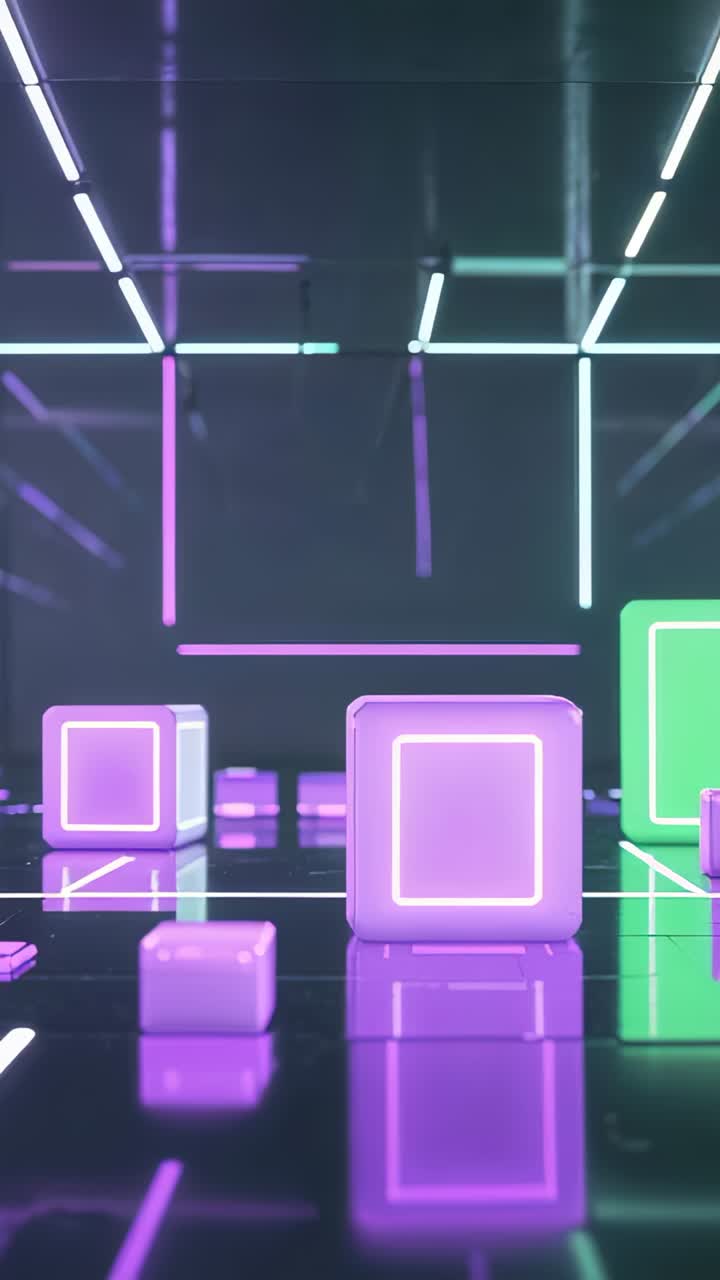 Video verticale: la telecamera scorre in avanti mostrando un grande cubo color lavanda su una griglia al neon con un cubo verde