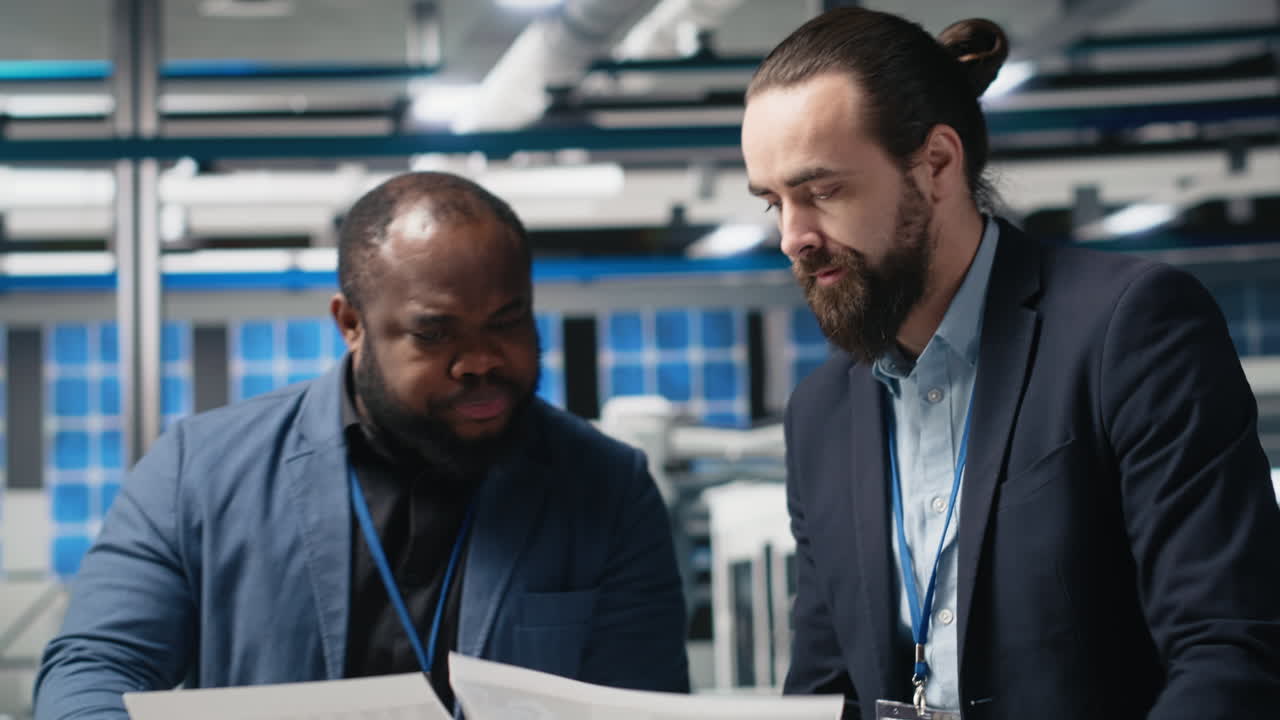 Two businessmen discussing blueprints in an office setting