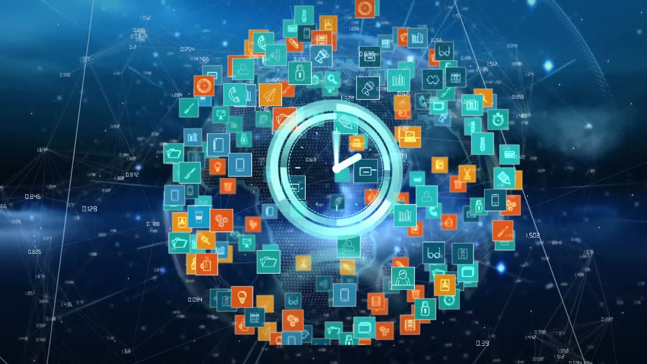 Animation of clock moving over rotating globe made of icons