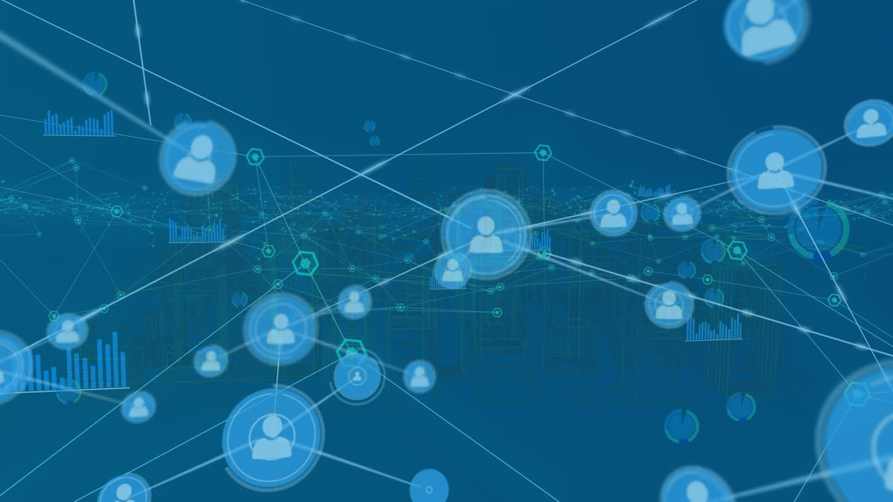 animación de la red de conexiones con iconos sobre la ciudad