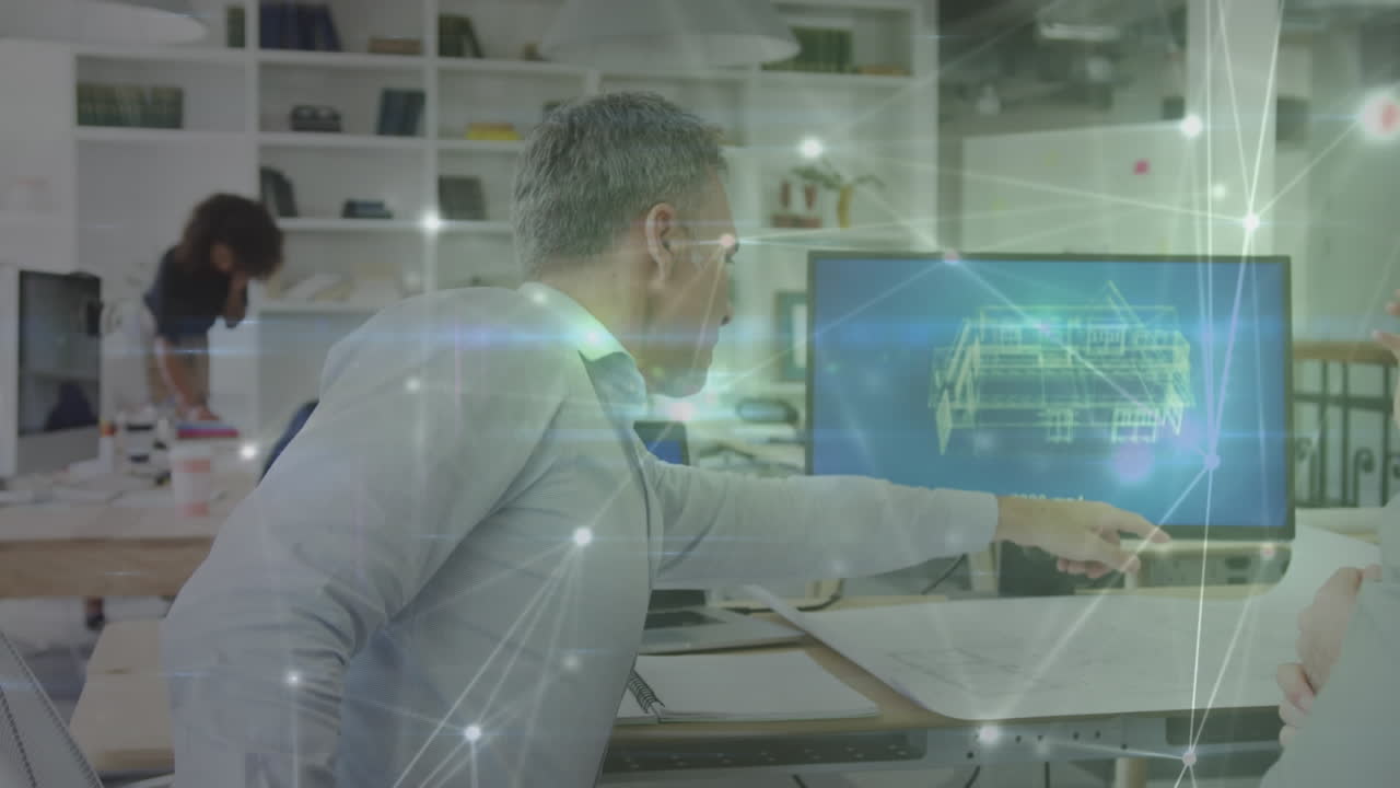 사무실에 있는 백인 사업가에 대한 금융 데이터 처리의 애니메이션