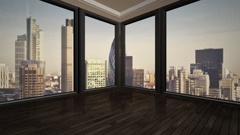 city panorama with big buildings in summer day from window