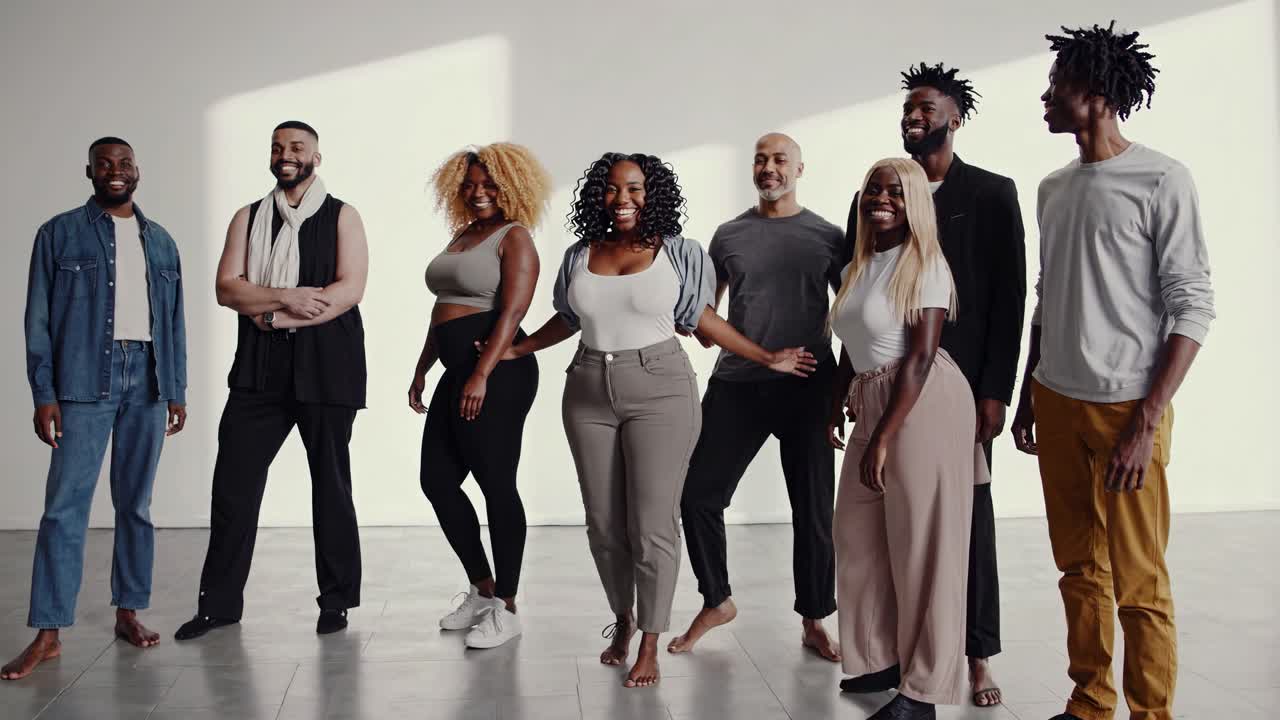 Un gruppo eterogeneo di persone in abbigliamento casual posa con sicurezza in uno studio ben illuminato