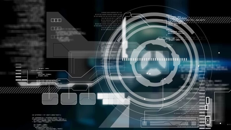 Animation of interface with round scanner and data processing against black background