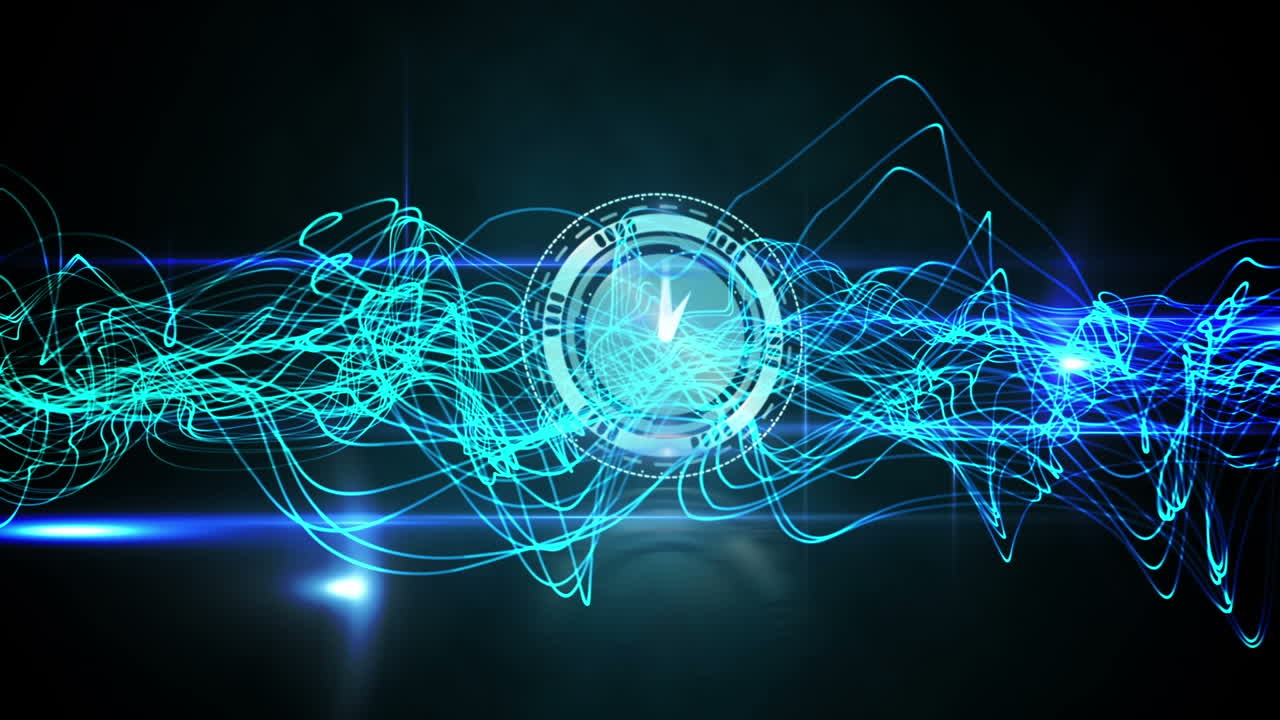 Animation of clock moving over light trails on black background
