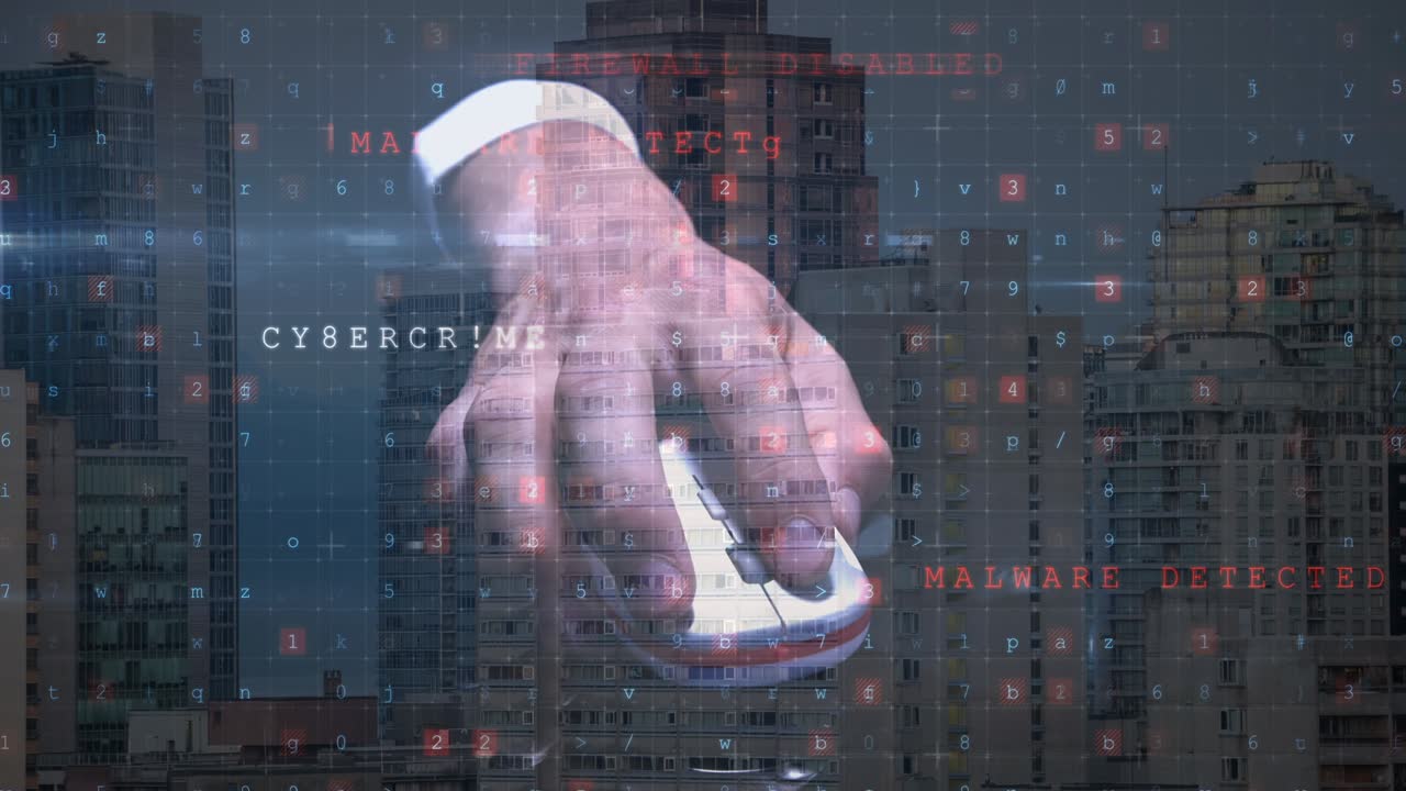 컴퓨터 마우스를 사용하여 사이버 범죄 텍스트 오버 맨의 애니메이션 시티 스케이프