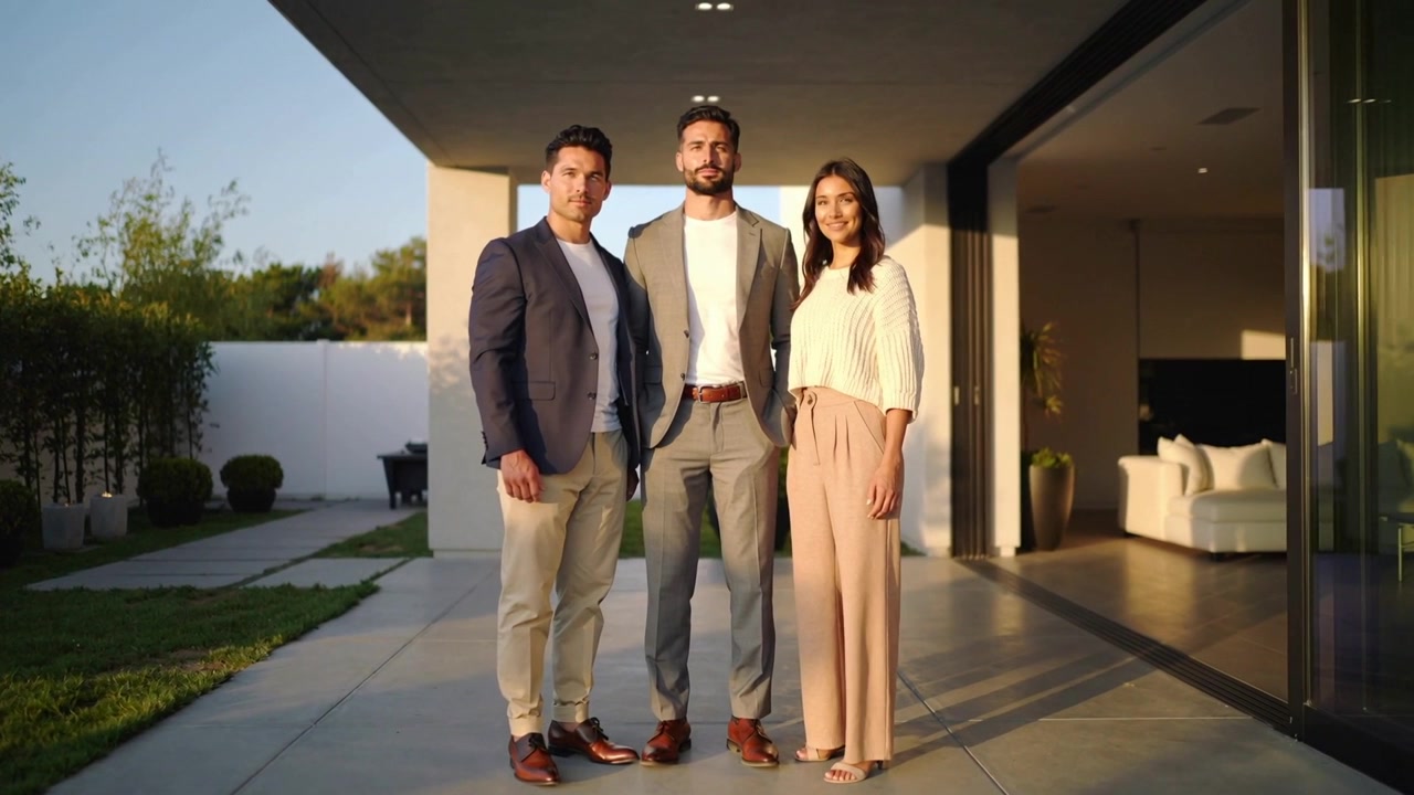 Câmera gravando, trio em trajes de negócios mudando o peso e posando no pátio perto de uma porta de vidro para uma promoção.