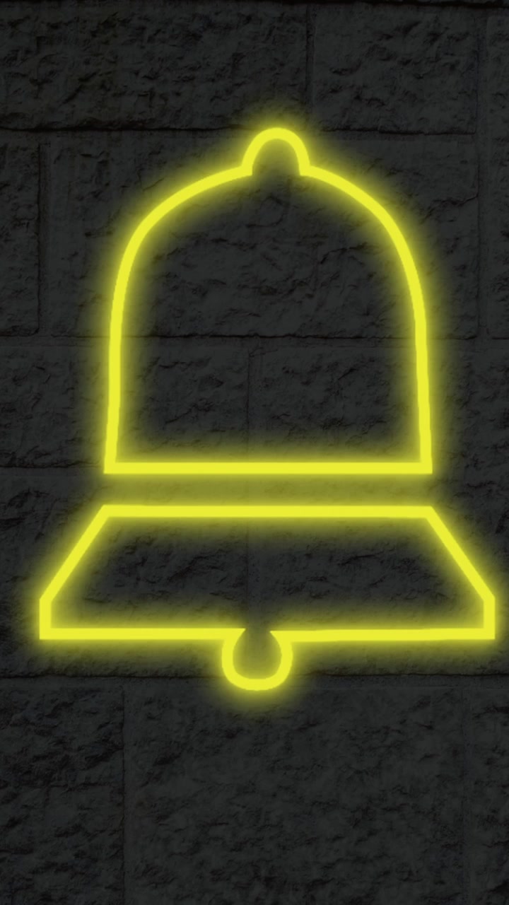 Animazione di un'icona a forma di campana al neon luminosa su un muro di mattoni