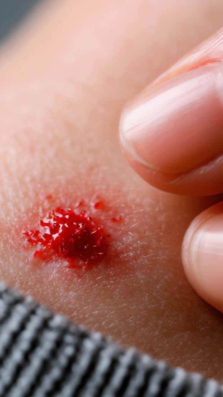 Close-Up of a Skin Injury Showing Blood and Tissue Damage, with a Focus on the Texture and Color Variations of the Affected Area and Surrounding Skin