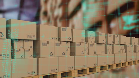 animation of data processing over stacks of cardboard boxes on conveyor belt in warehouse