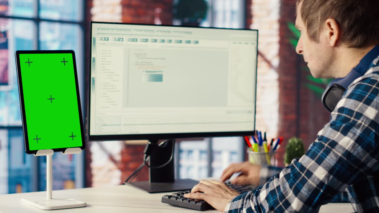 hombre en la oficina de casa mirando las redes sociales con transmisiones en vivo