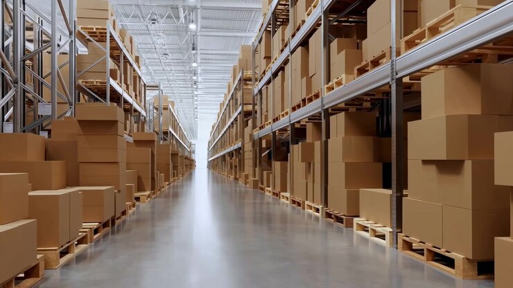 Smooth forward motion continues between loaded warehouse racks, with brown cartons on wooden pallets, bright overhead lights, long central perspective, and reflective concrete flooring.