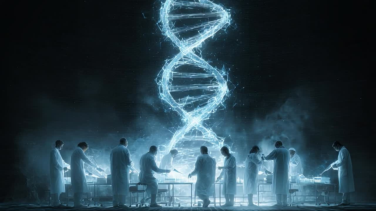 Scienziati che collaborano alla ricerca sul DNA in un laboratorio futuristico