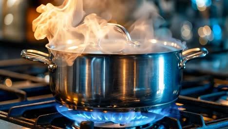 a pot of boiling water on a gas stove with steam coming out of it