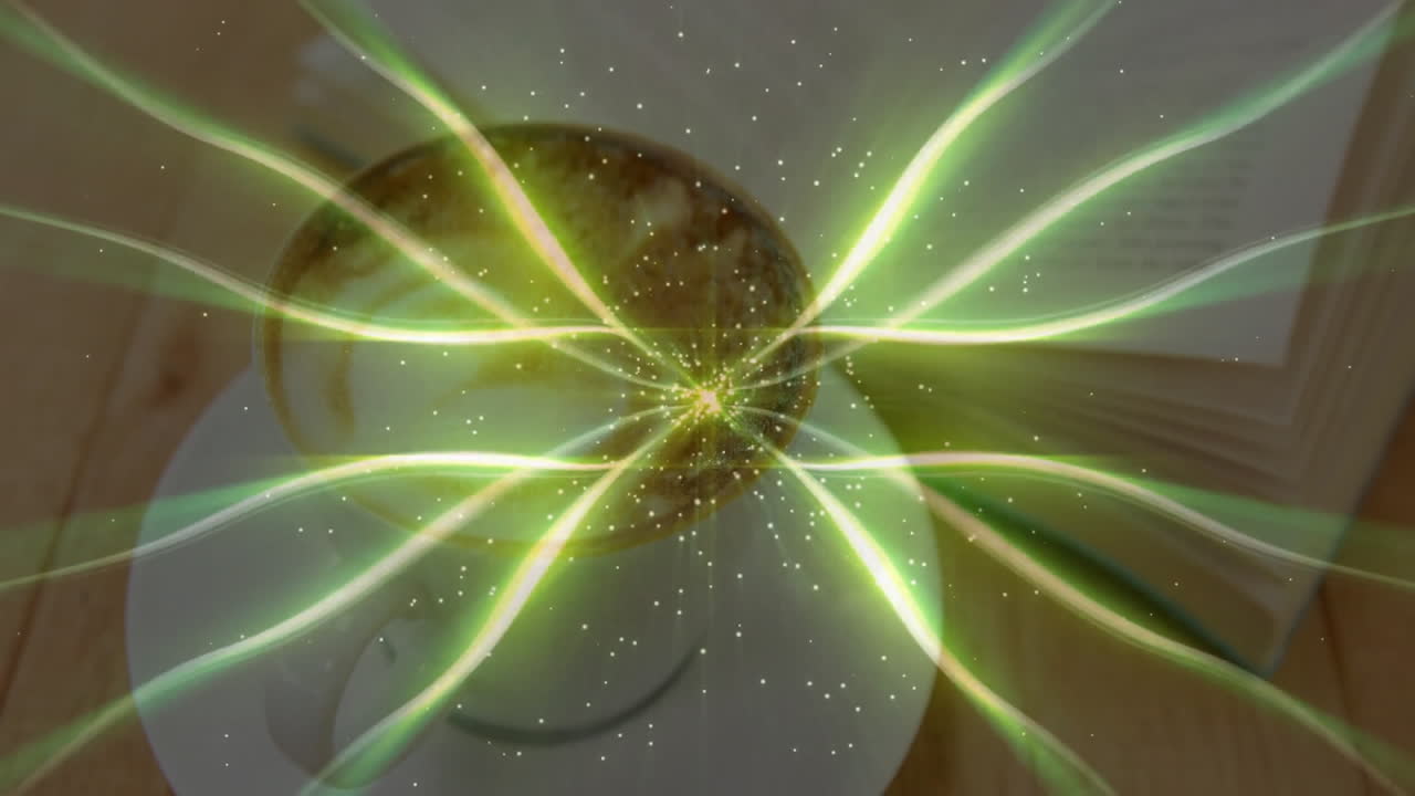 Coffee cup radiating green energy effect on wooden table, featuring open book in flat design