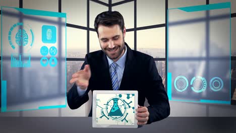 hombre que muestra iconos y gráficos médicos generados digitalmente en una tableta