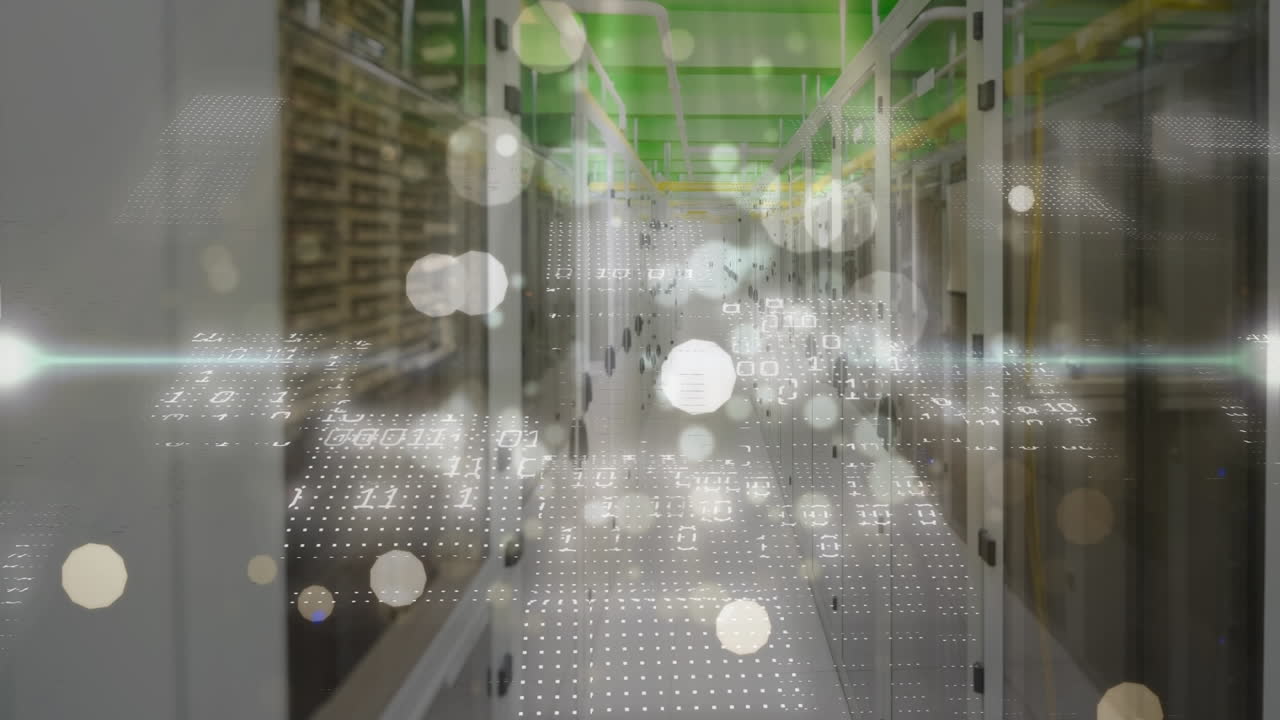 밝은 렌즈 플레어와 컴퓨터 언어의 애니메이션이 서버 을 이동합니다.