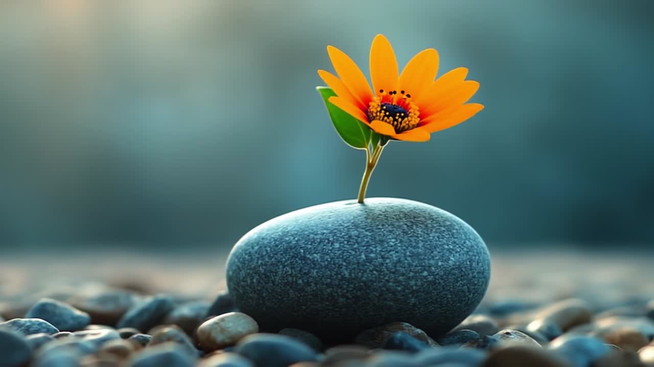 Fiore luminoso su pietra all'aperto. Un vivace fiore arancione sboccia su una pietra liscia circondata da piccoli ciottoli, esaltando la bellezza della natura.
