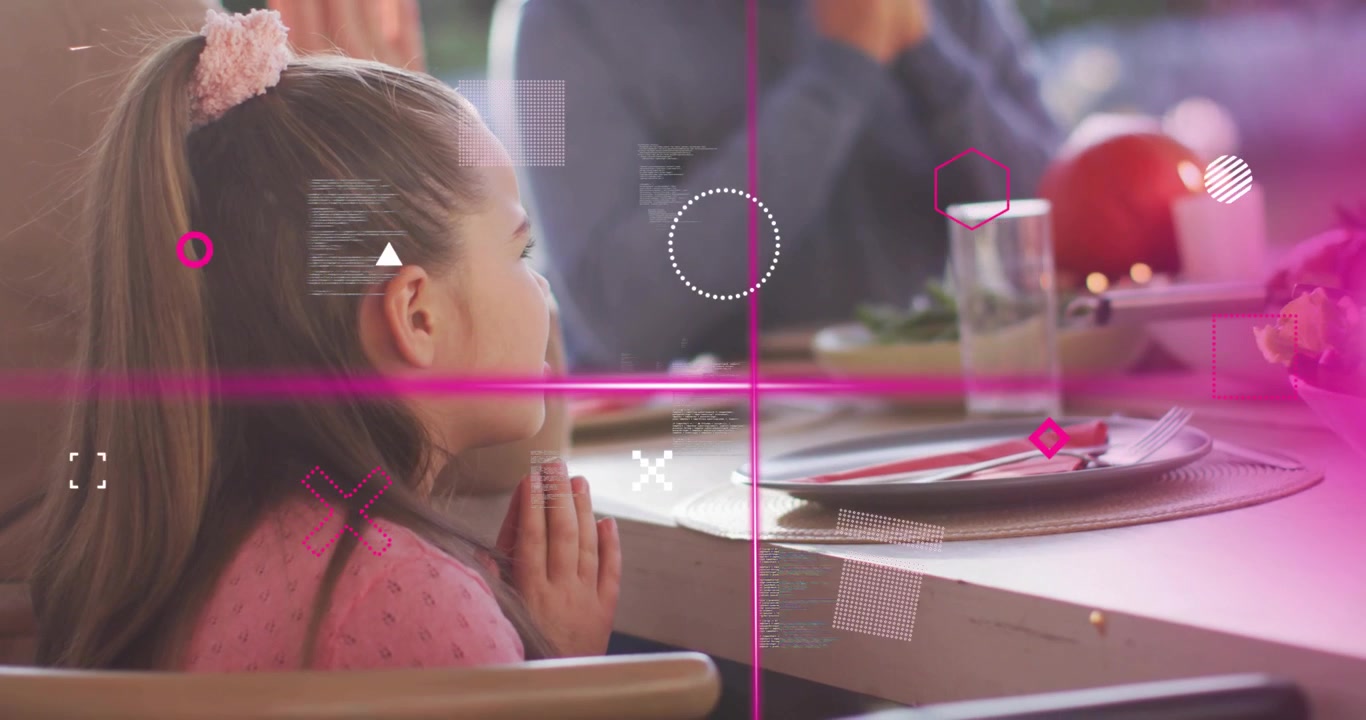 Father and daughter bowing head in prayer as magenta tech overlays sliding, highlighting salad bowl