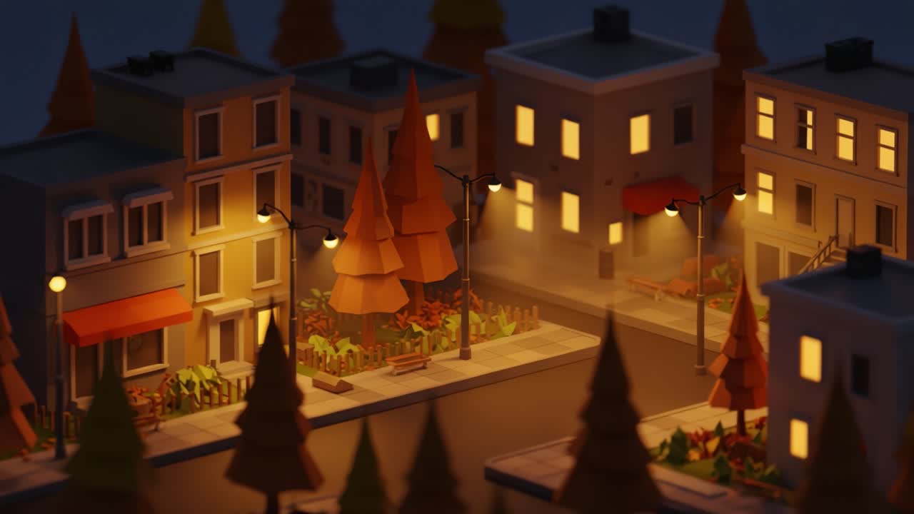 Stunning Evening Cityscape: A Beautifully Crafted Neighborhood Scene with Warm Streetlights and Lively Trees Illuminating the Twilight Ambiance