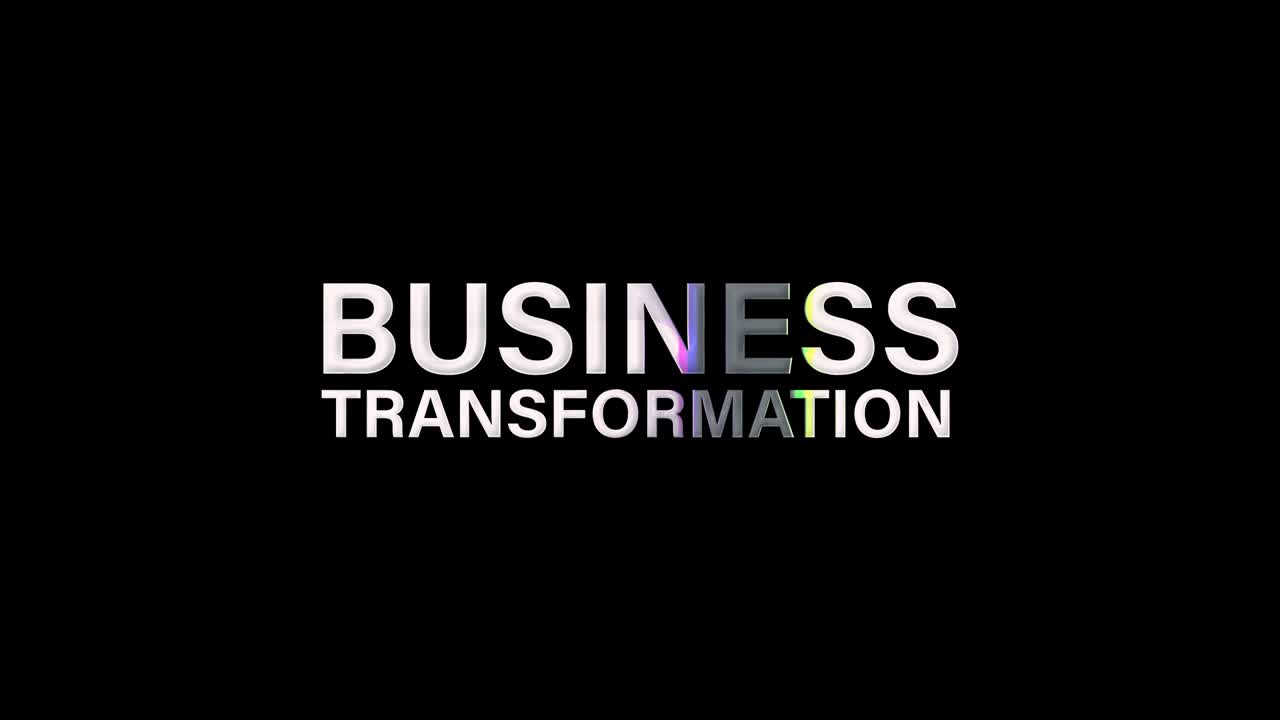 BUSINESS TRANSFORMATION glitch isolated text loop title. 4K 3D isolated Business Transformation silver text glitch animation isolate using QuickTime Alpha Channel ProRes 4444 for title composition.