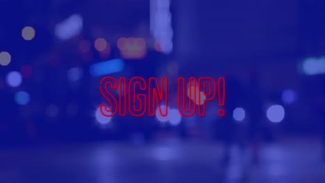 Animation-of-sign-up-text-over-cityscape-at-night-on-blue-background