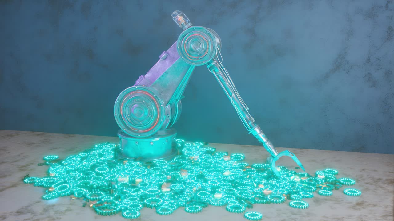 Futuristic robotic arm with claw sorting glowing digital currency tokens, illustrating automated crypto mining, blockchain finance, AI driven fintech systems and industrial digital economy