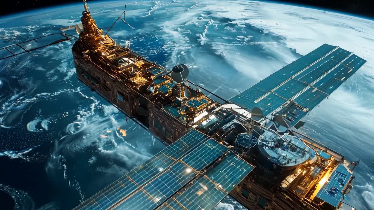 A satellite is floating in space above the ocean. The satellite is large and has a lot of solar panels on it. The satellite is surrounded by clouds and the ocean