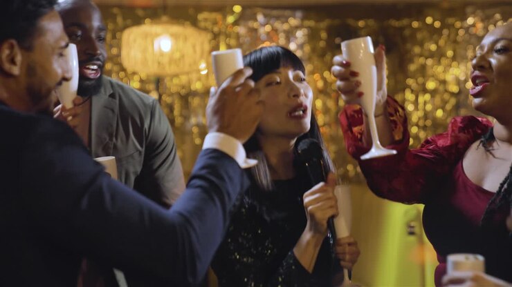 Carrellata in avvicinamento a una donna che canta in un karaoke bar con i suoi amici.