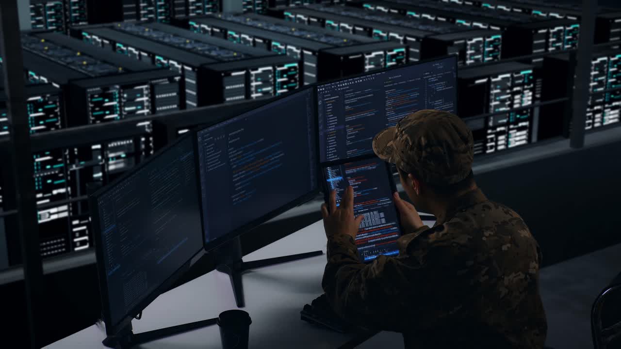 Side View Of Asian Military Working With Tablet While Write Code With Multiple Computer Screens In Data Center