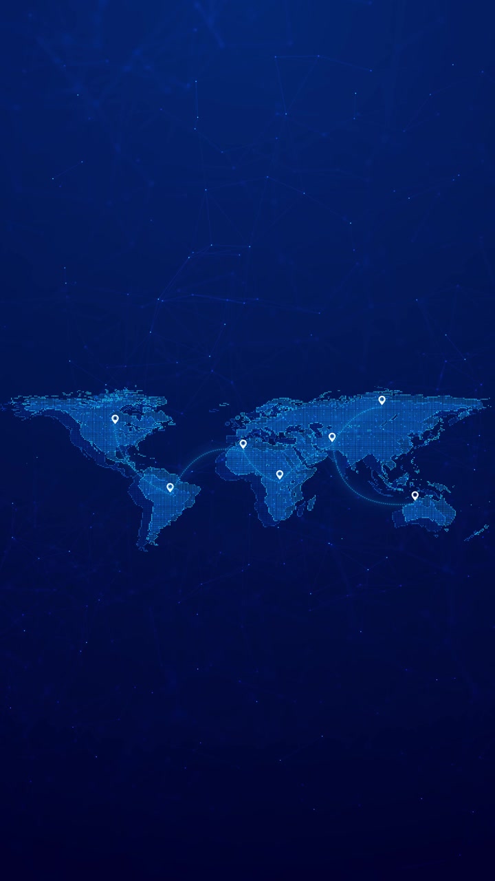Blue world map location background with glowing dotted continents pin markers curved travel routes