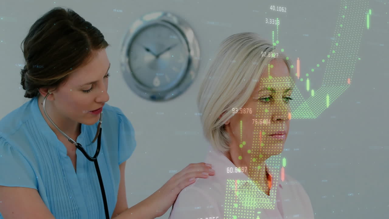 Examining patient, healthcare professional with financial data animation in clinic setting