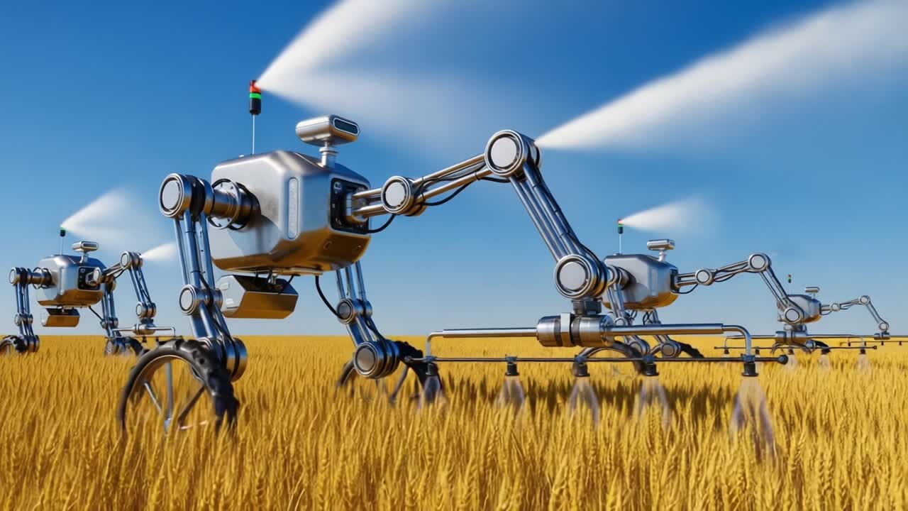 Robot agricoli in azione: rappresentazione di robotica avanzata utilizzata per agricoltura di precisione e manutenzione delle colture in un campo di grano dorato sotto un cielo azzurro sereno