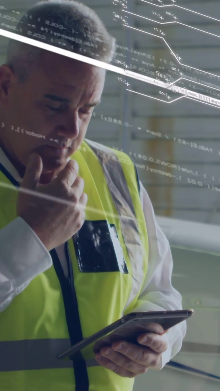 Technician tapping tablet, initiating holographic HUD in hangar, reviewing fuselage inspection