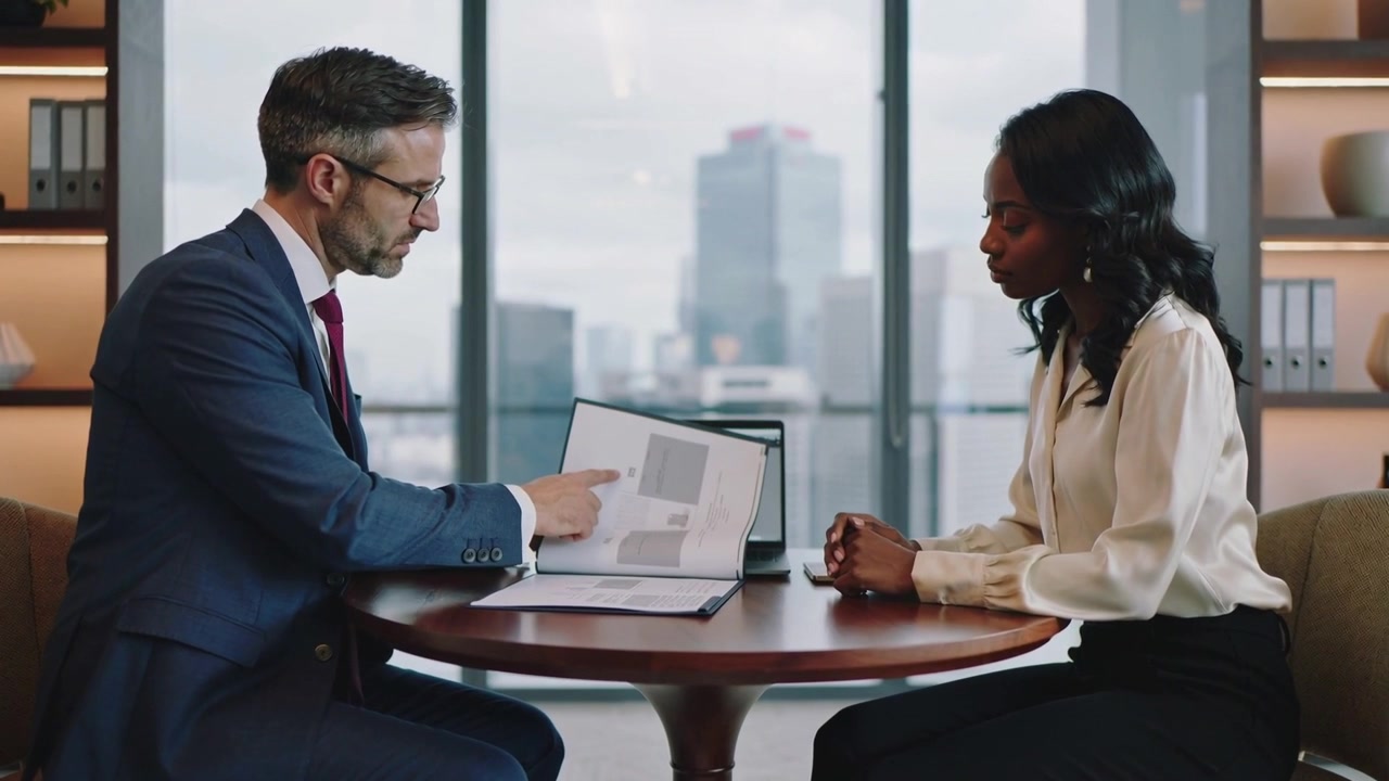Opening binder in office, man in navy suit pointing charts while woman in cream blouse reviewing