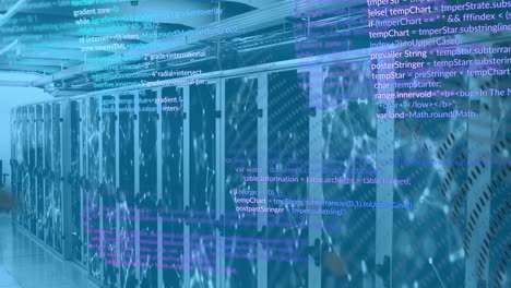 Animation-of-computer-language,-globe-and-connected-dots-over-server-room