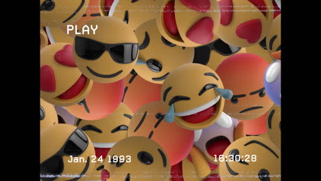 animación digital del efecto de falla de vhs sobre varios emojis de cara en fondo negro