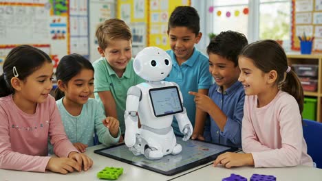 engaging learning with technology: children interacting with a friendly robot in an educational environment, fostering curiosity and collaboration through playful exploration