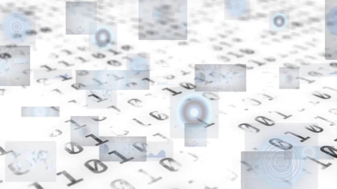 animación de números cambiantes y codificación binaria sobre pantallas sobre fondo blanco